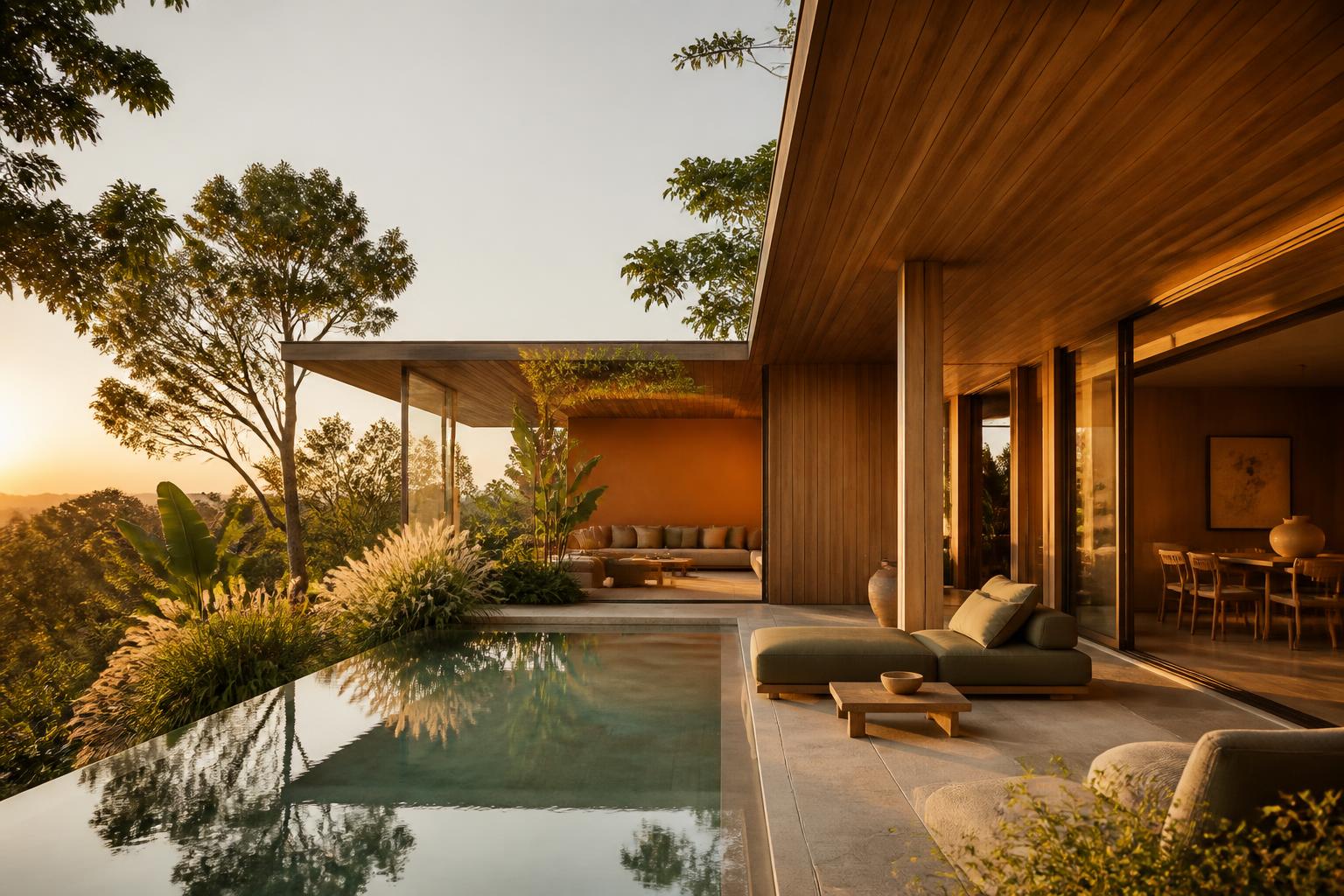 Ecossistema RHUÁ — casa contemporânea ao entardecer